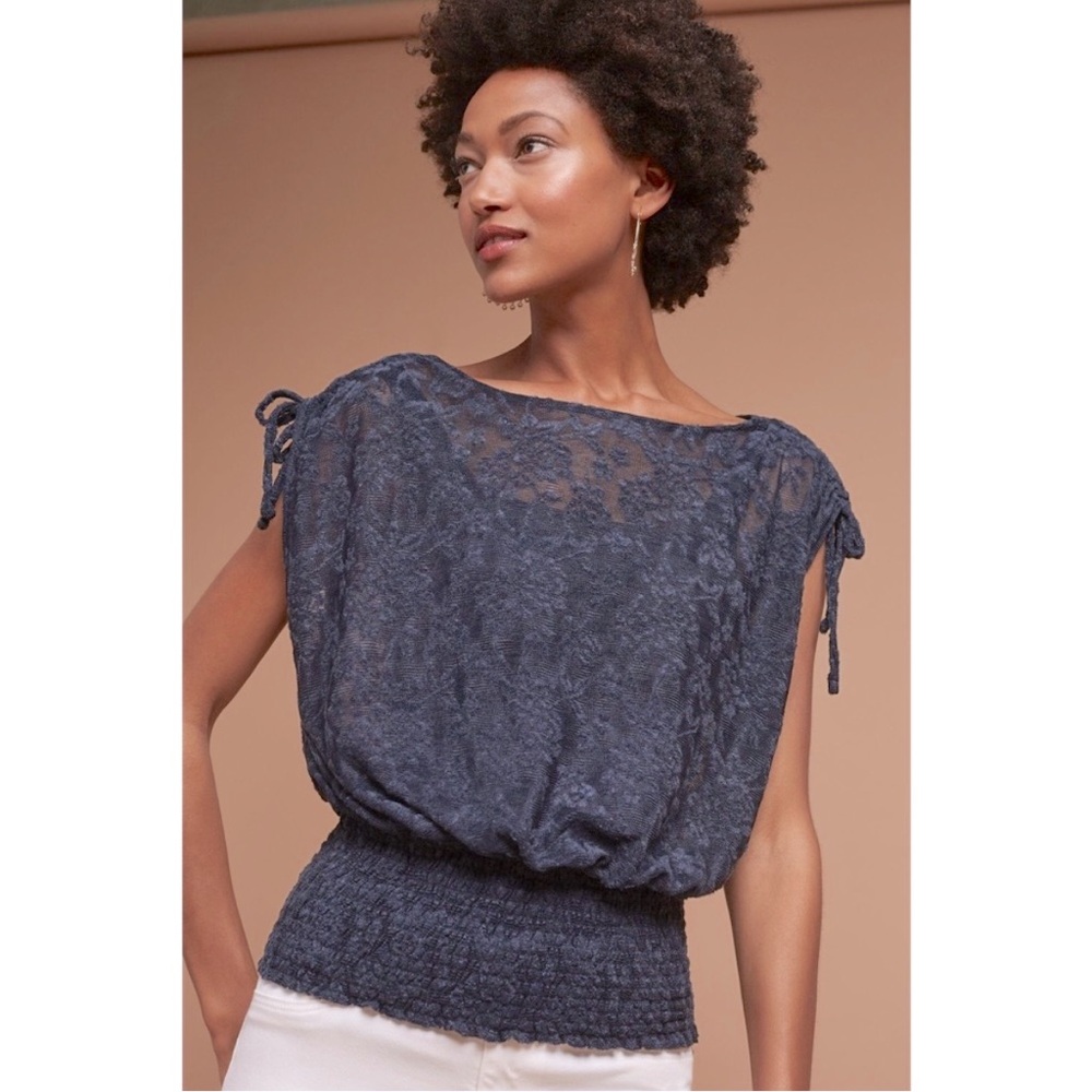 Anthropologie deletta blue lace smocked waist top